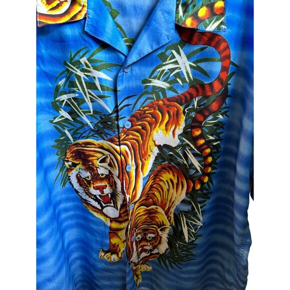 Claudio Nucci Mens XXL Blue Tiger Print Short Sleeve Button Up Shirt - Picture 2 of 10